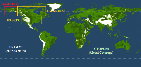 DEM data sets making up the global DEM